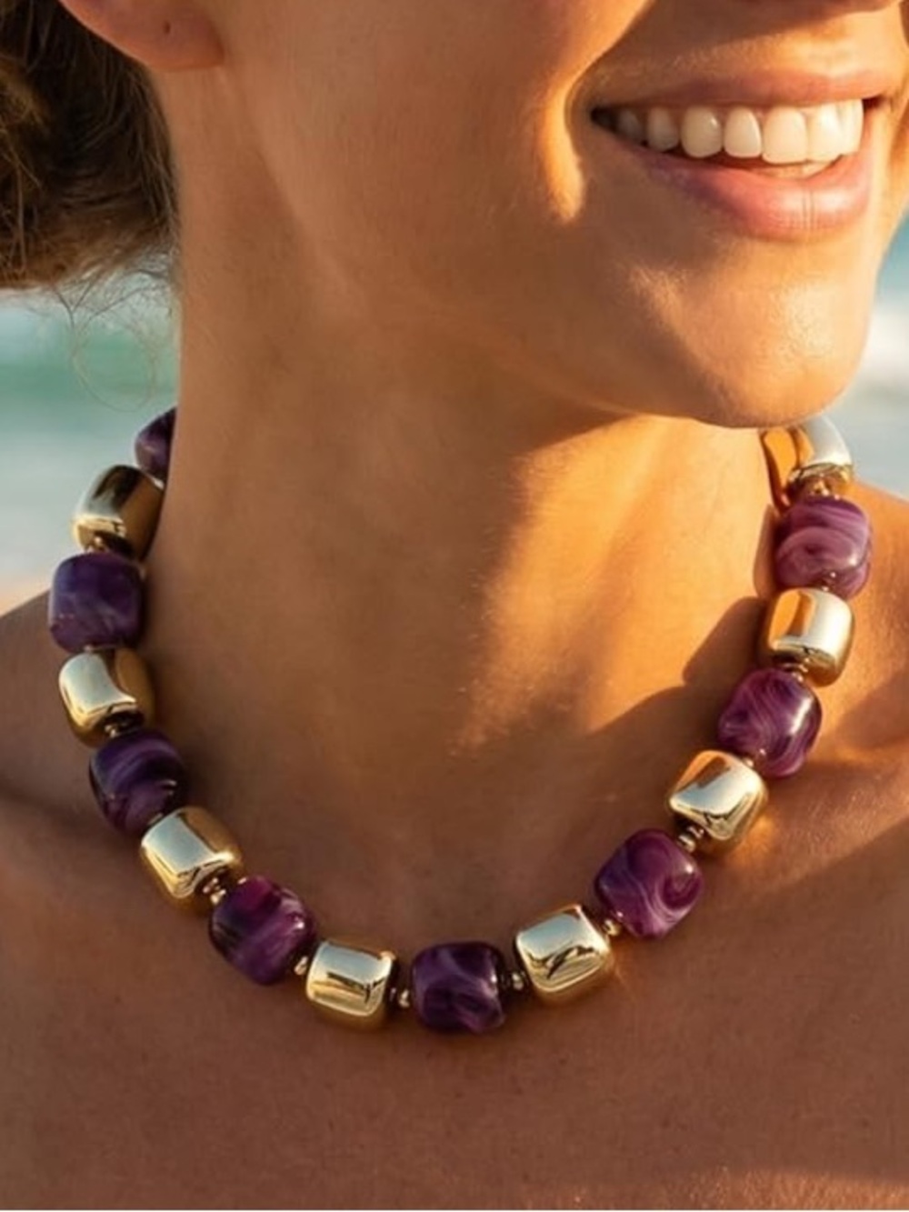 Anthropologie Purple and Gold Chunky Bead Necklace